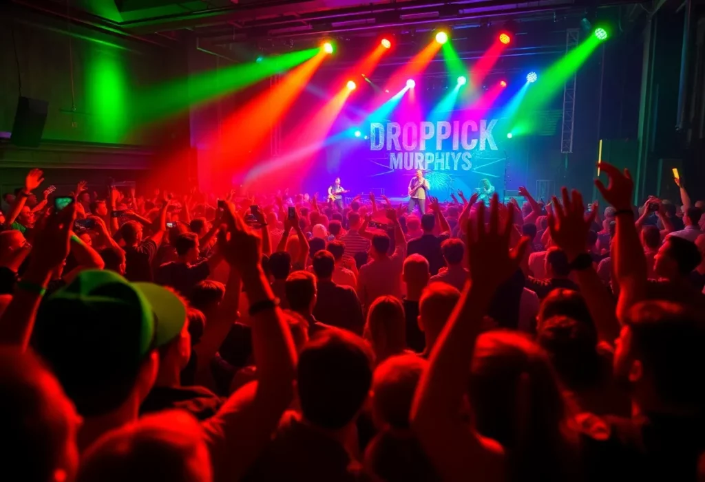 Fans enjoying a Dropkick Murphys concert during St. Patrick's Day celebration