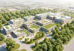 Rendering of the Enterprise Research Campus with modern buildings and greenery.