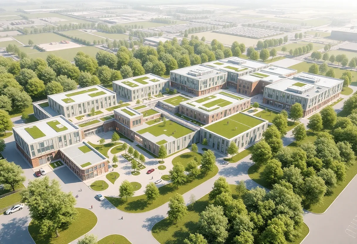 Rendering of the Enterprise Research Campus with modern buildings and greenery.