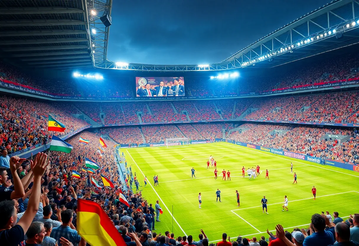 Crowd of fans celebrating at a football match in a stadium