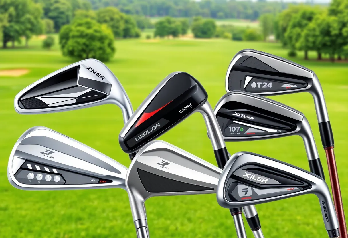 Display of various golf clubs including game improvement irons and blades.