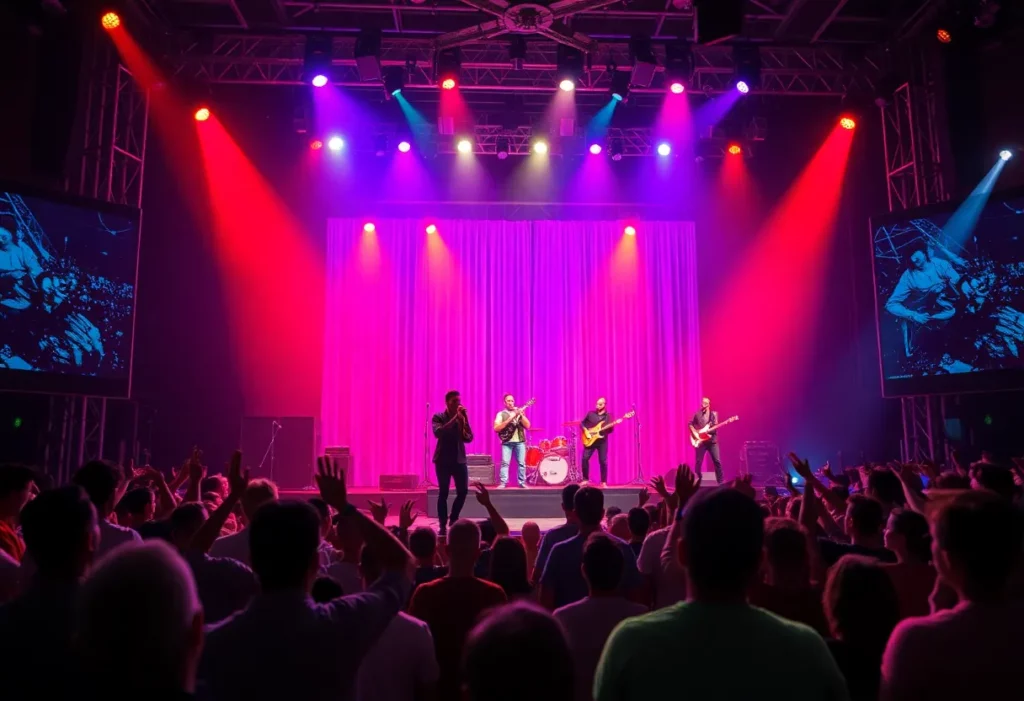 Musicians performing at a George Michael tribute concert with colorful stage lights.