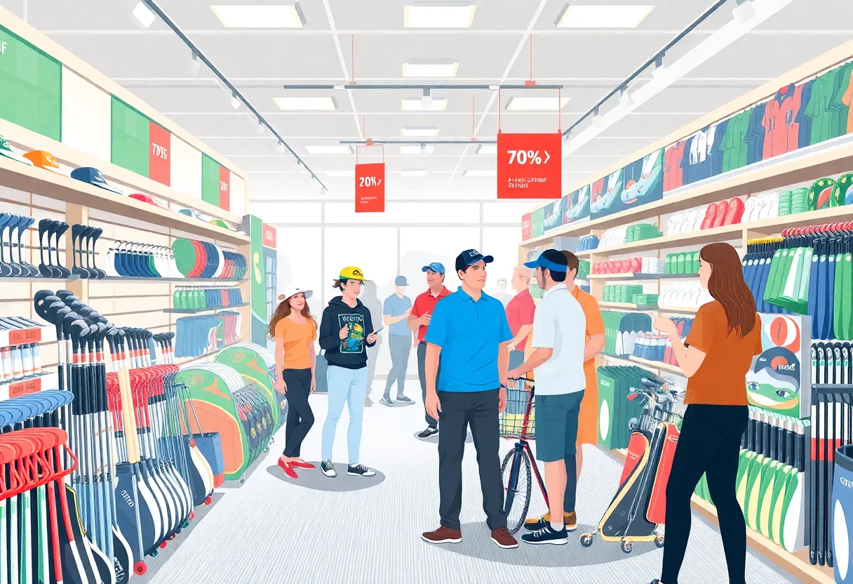 Display of golf equipment including clubs, balls, and bags in a retail environment.
