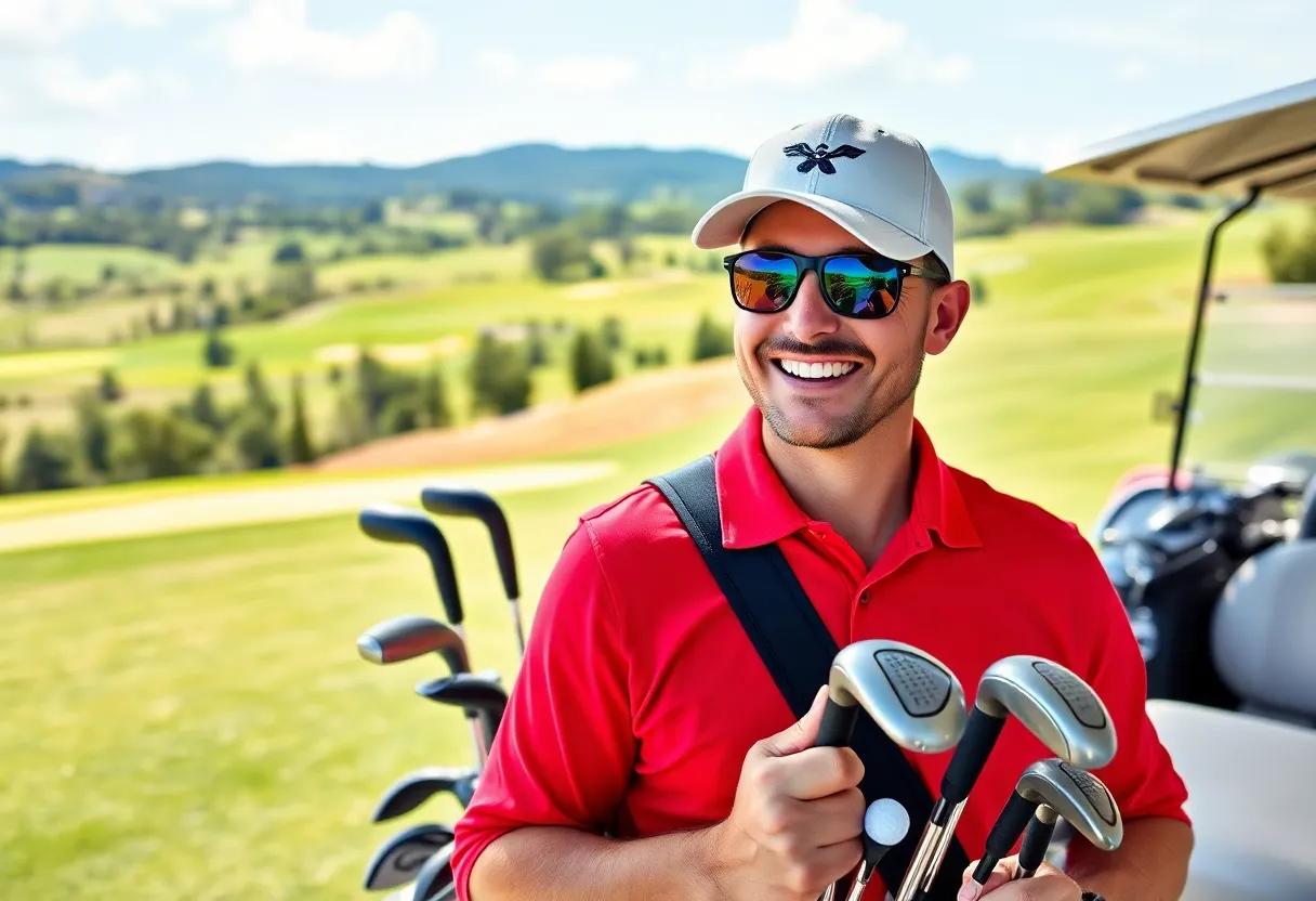 Golfers using rental clubs on a sunny golf course
