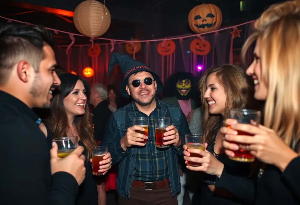 People at a Halloween party being cautious with their drinks