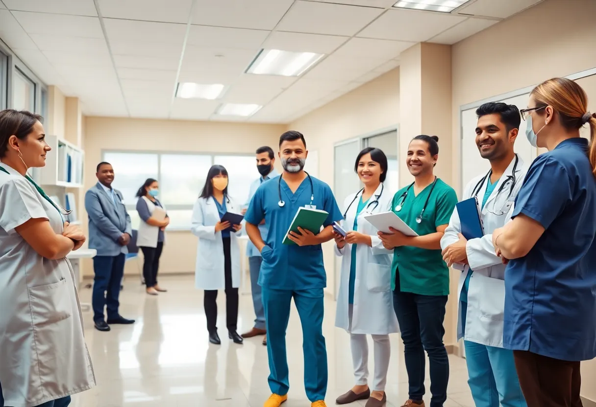 A diverse medical team collaborating in a primary care clinic environment.