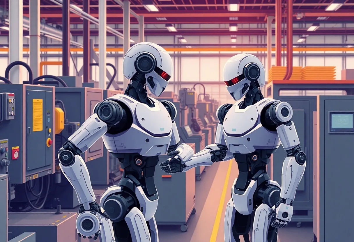 Humanoid robots collaborating with industrial machines in a modern factory.