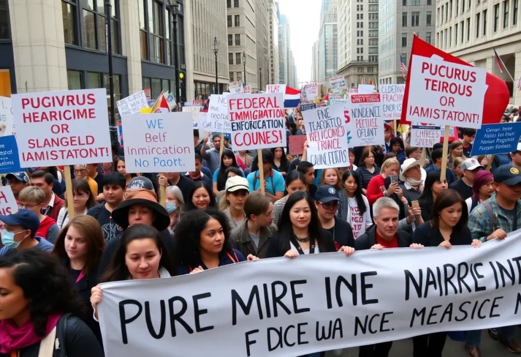 A diverse crowd protesting against federal immigration policies.