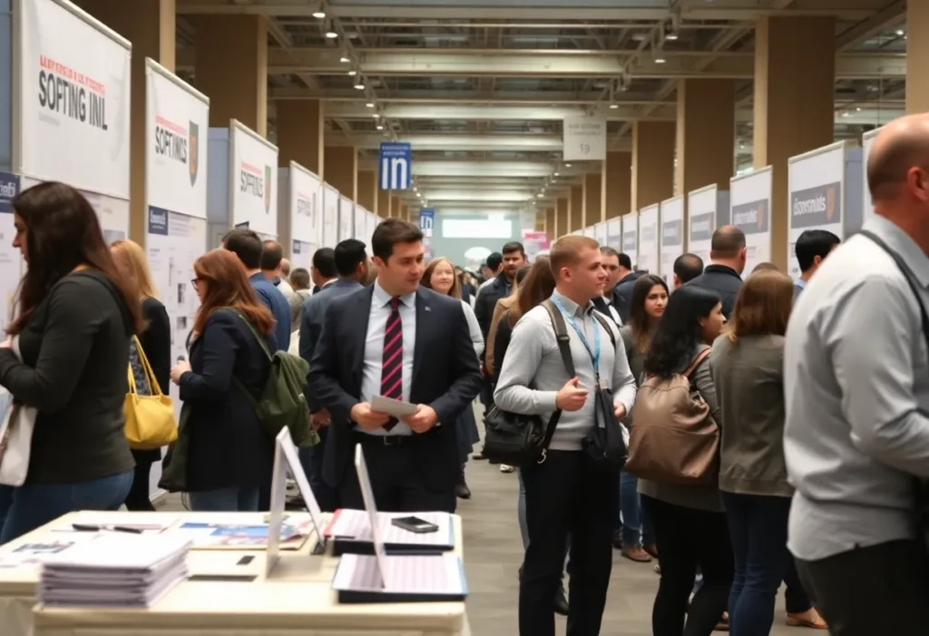 A job fair in Massachusetts showcasing employers and job seekers.