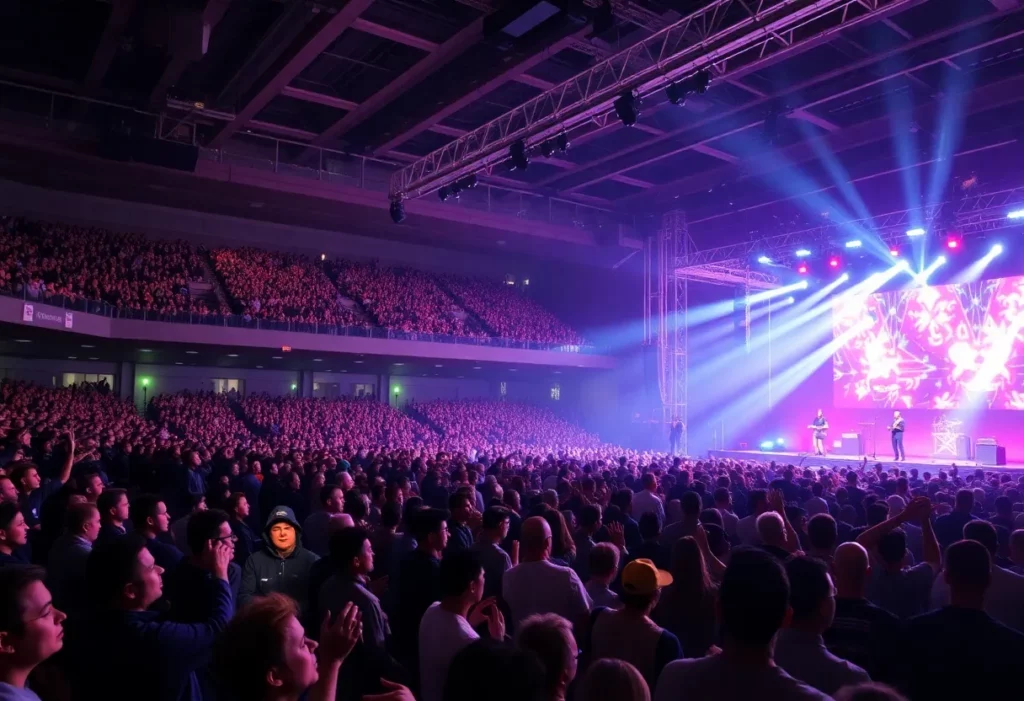 Crowd enjoying the Jonas Brothers concert with vibrant stage lights.