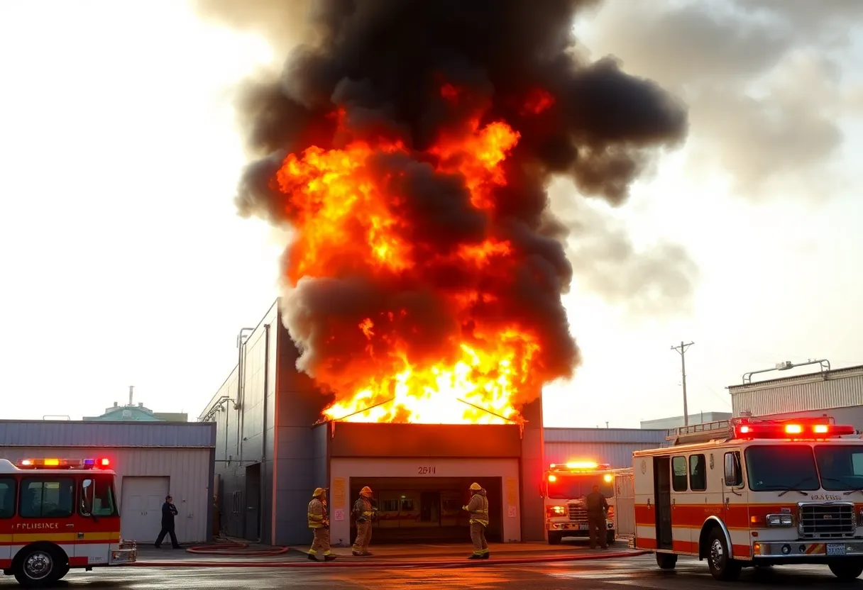 Firefighters extinguishing a fire at Kayem Meats processing plant.