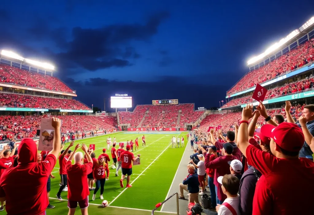 Football stadium with fans supporting Louisville and Boston College teams
