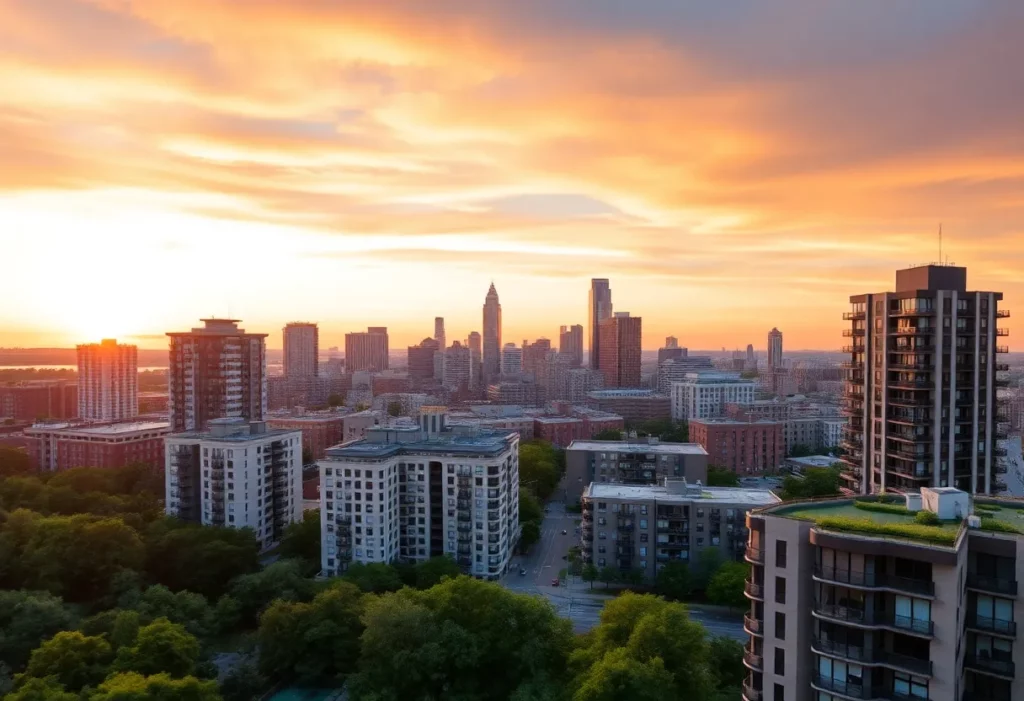 Sunset over luxurious residential buildings in Massachusetts