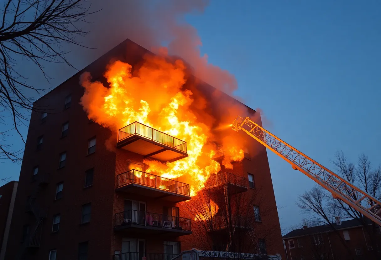 Firefighters responding to a two-alarm fire in a residential building