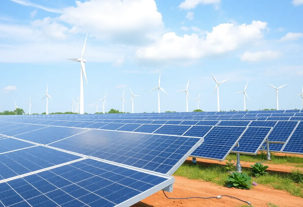 Clean energy facility featuring solar panels and wind turbines