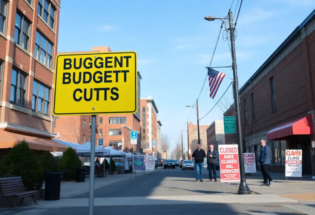Cityscape showing budget cuts in Massachusetts communities