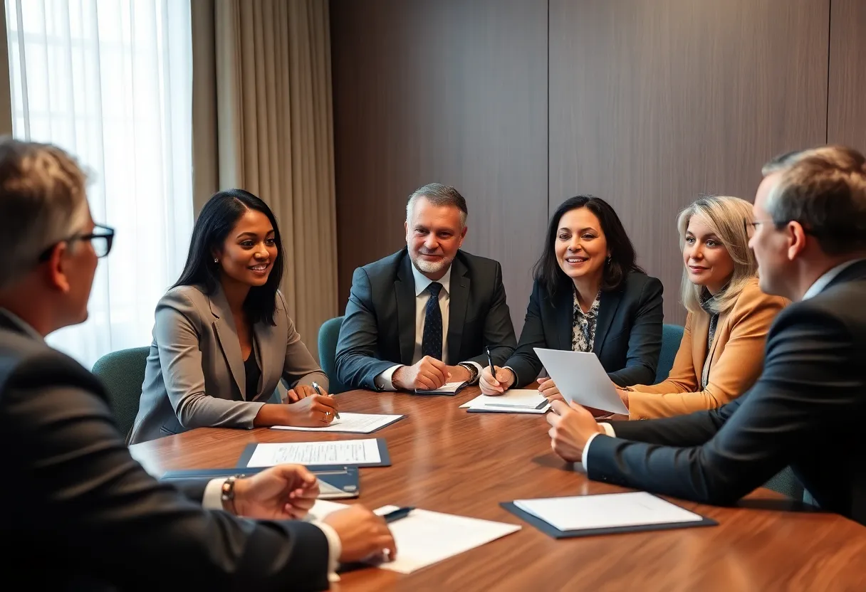 Business professionals discussing economic strategies in Massachusetts