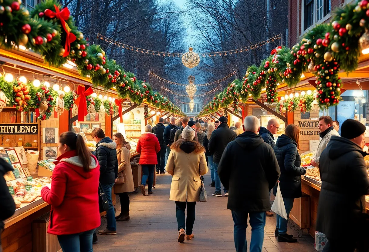 A busy holiday market in Massachusetts with people shopping and festive stalls.