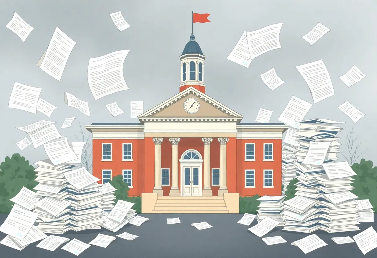 Illustration of a Massachusetts municipal building with budget paperwork.