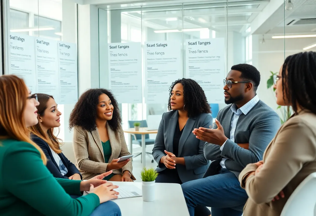 Professionals discussing wage transparency in an office setting