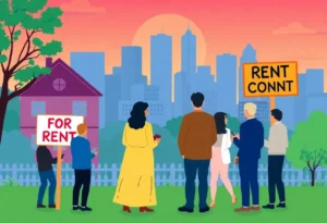 People discussing rent control in front of Massachusetts housing