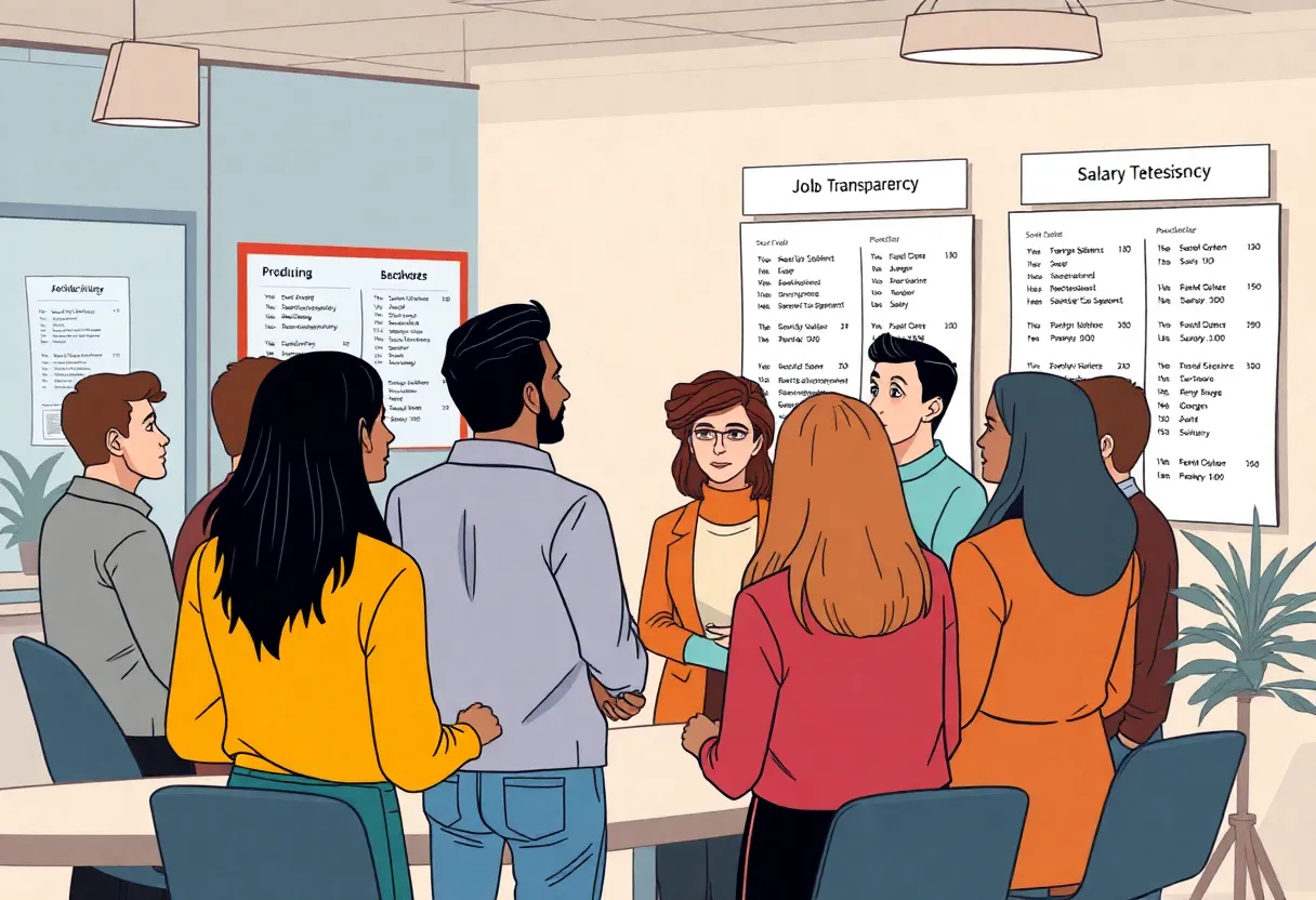 Illustration of diverse workers discussing salary transparency in an office setting.