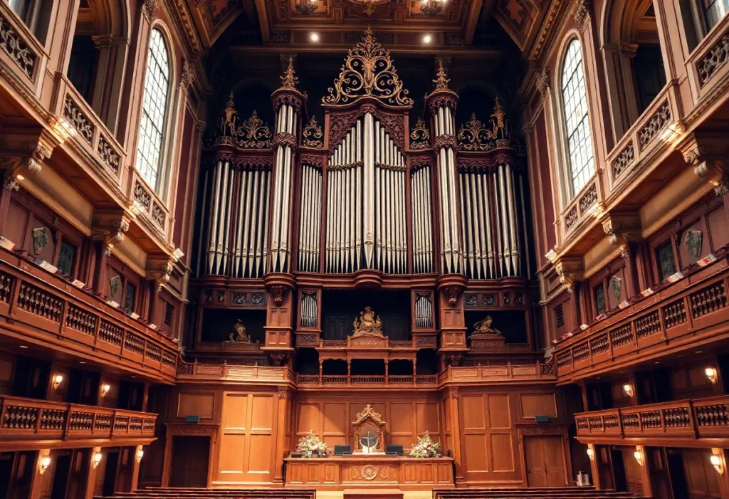 Historic concert hall featuring The Great Organ with ornate woodwork and numerous pipes