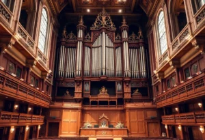 Historic concert hall featuring The Great Organ with ornate woodwork and numerous pipes