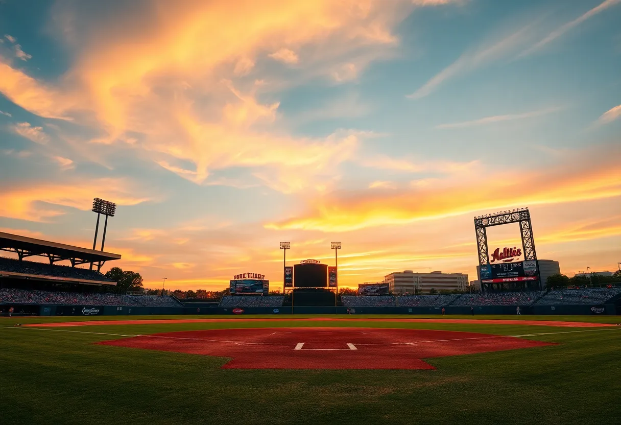 A sunset over a baseball field symbolizing remembrance of Mike Greenwell.