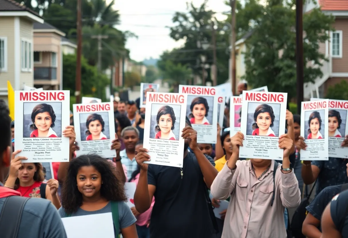 Community members holding up missing person signs in a neighborhood