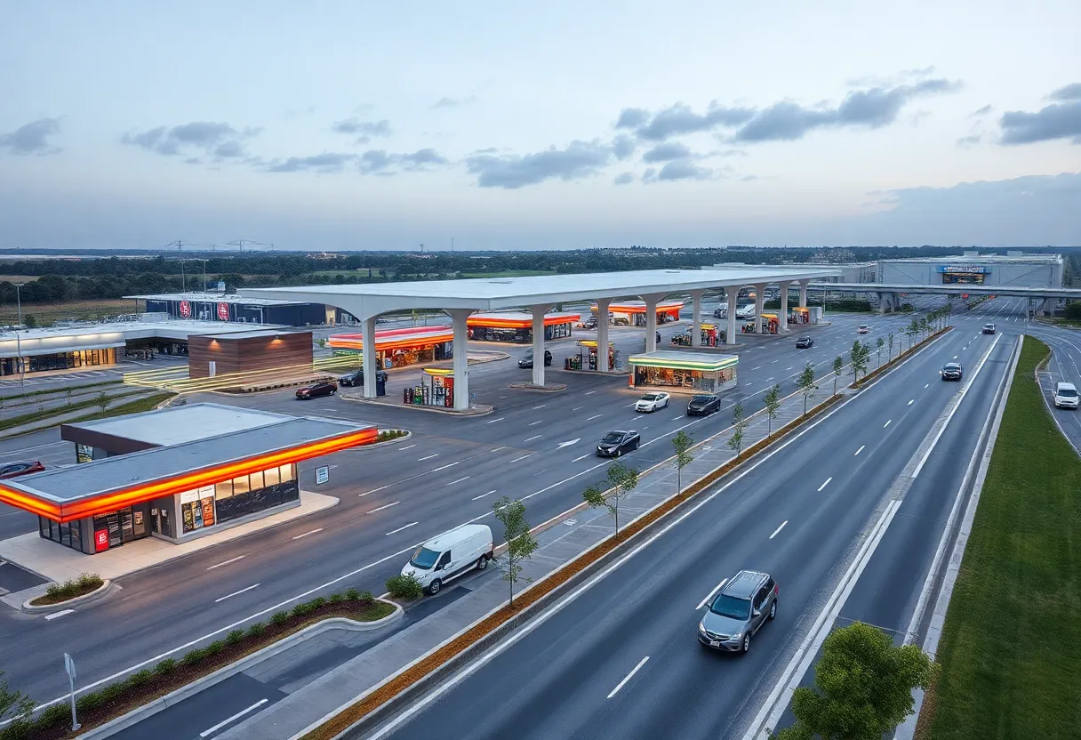 A busy highway service plaza featuring various services and amenities.