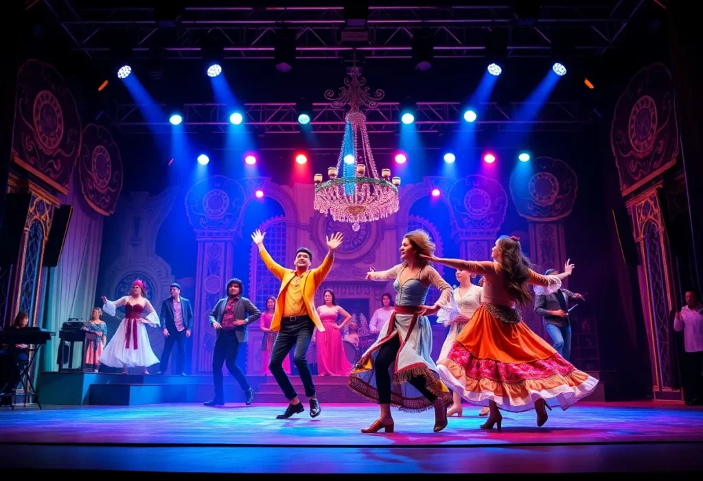 An impressive stage from Moulin Rouge! The Musical showcasing dance and set design