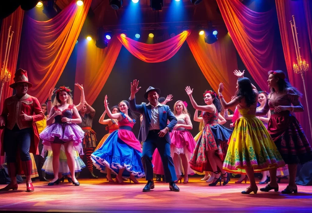 Stage production of Moulin Rouge! featuring vibrant costumes and choreography