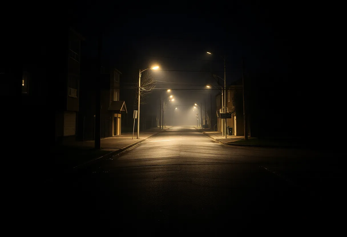 A dark street at night symbolizing a missing person case
