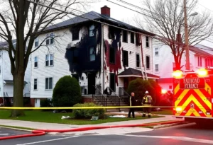 Emergency responders at the scene of a fire in New Bedford, Massachusetts.