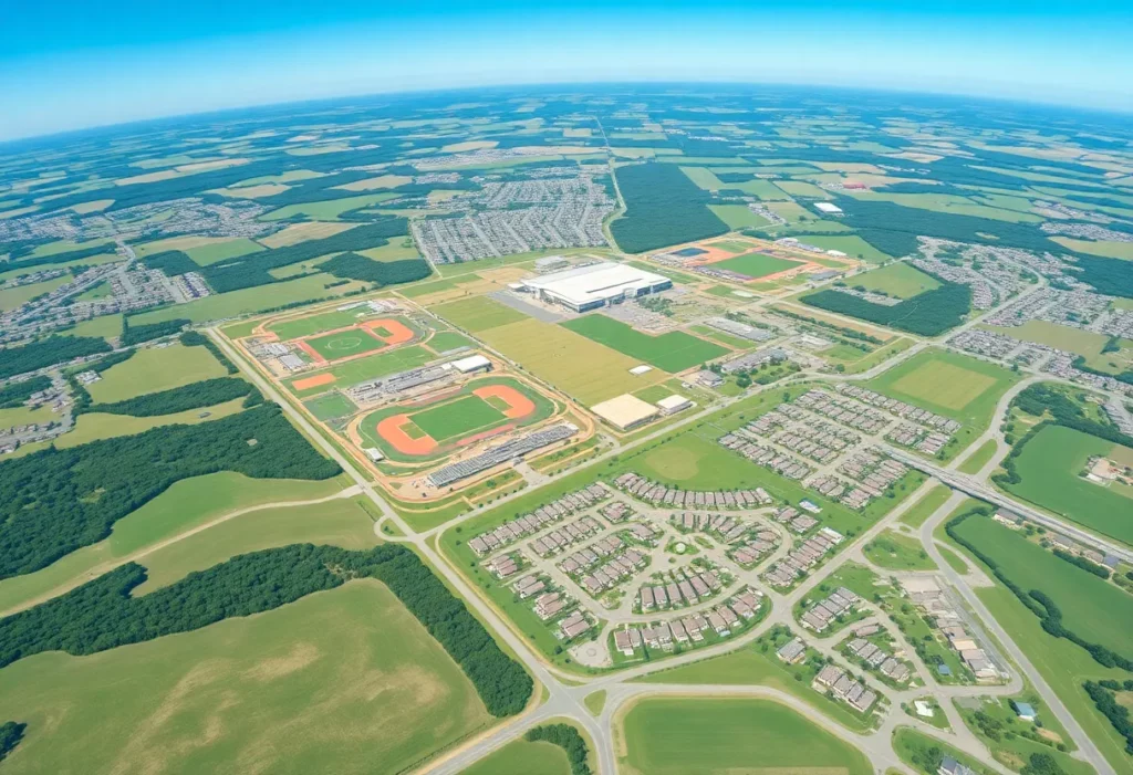 Aerial view of New Boston Crossing development area with sports complex plans.
