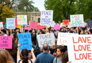 A large crowd gathering at the No Kings protest in Boston with vibrant signs.