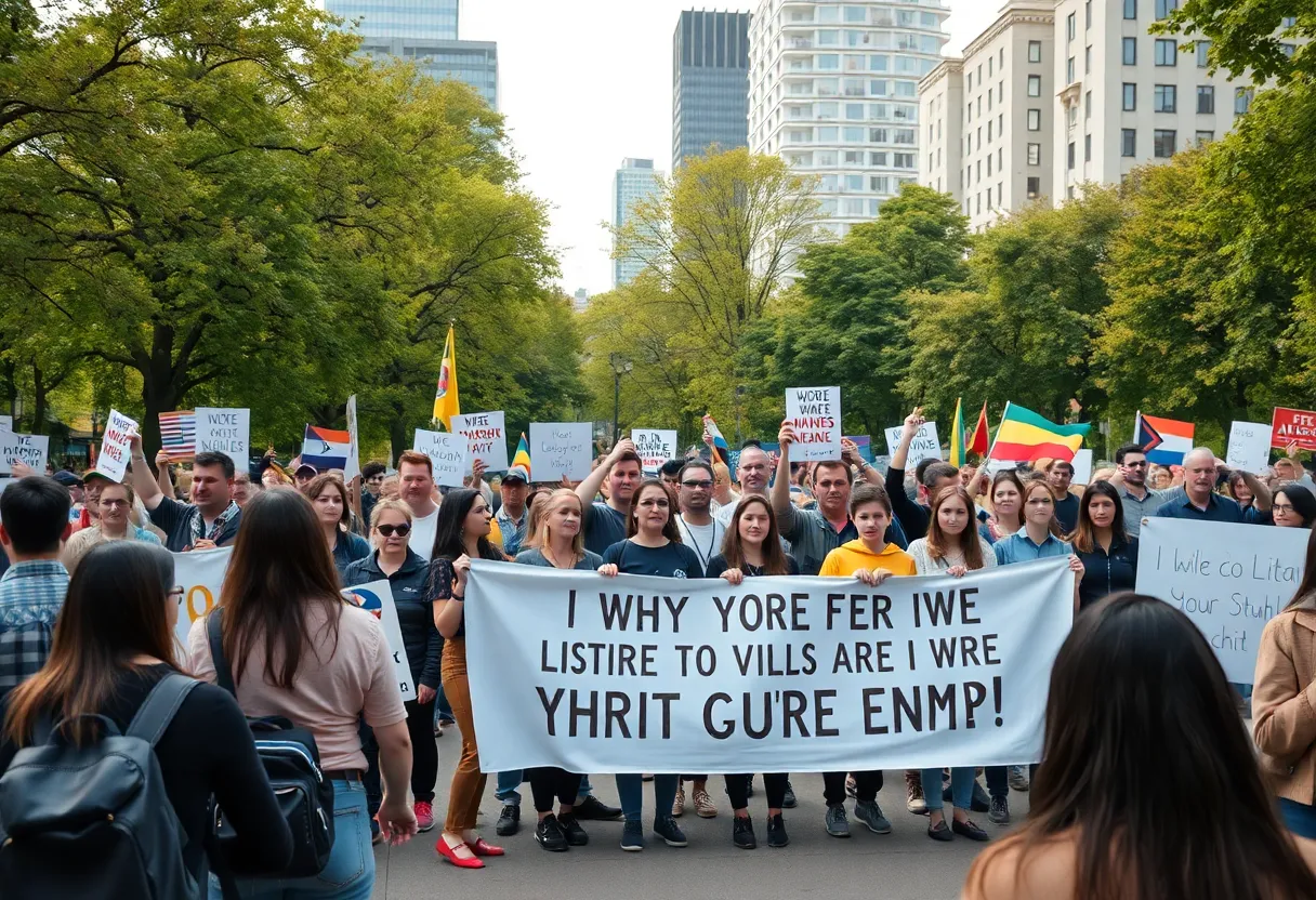 Photograph of a vibrant protest gathering with diverse people holding signs advocating for democracy in a city park.