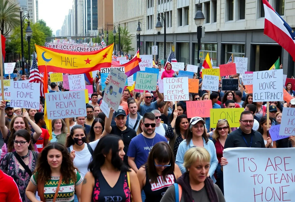 Crowd of protestors at No Kings protests holding banners in a city street
