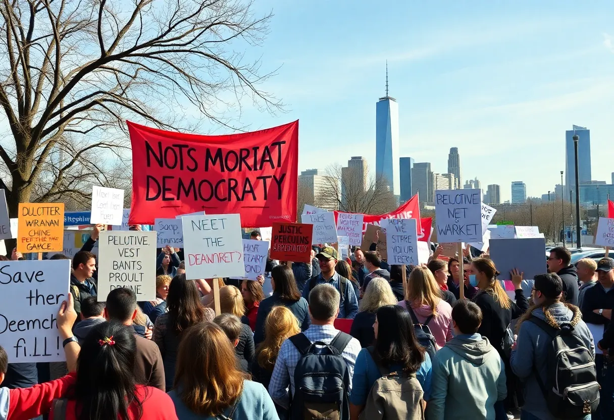 A diverse group of protesters advocating for democracy in a city