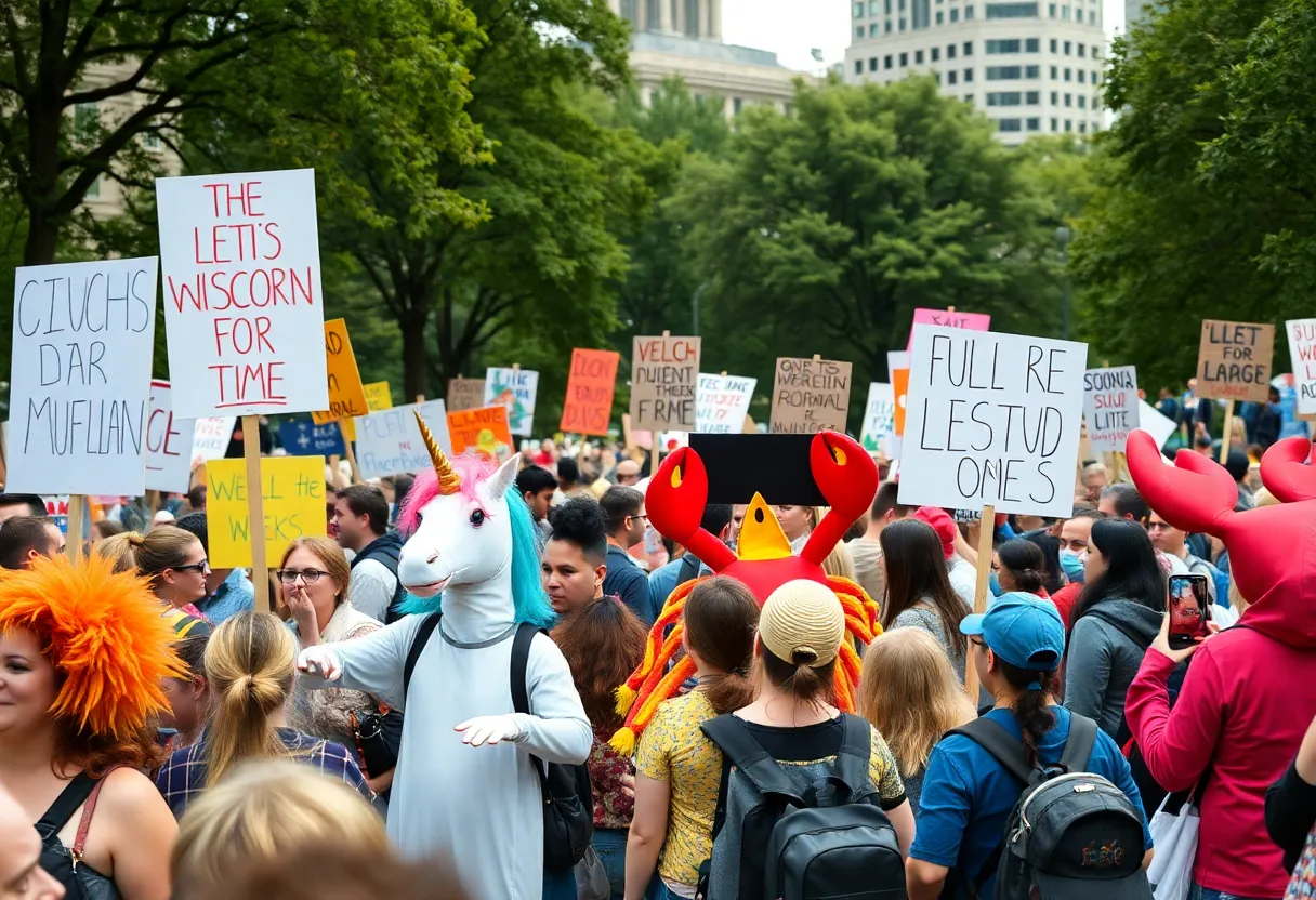 Crowd at No Kings rally in Boston with colorful costumes and protest signs.