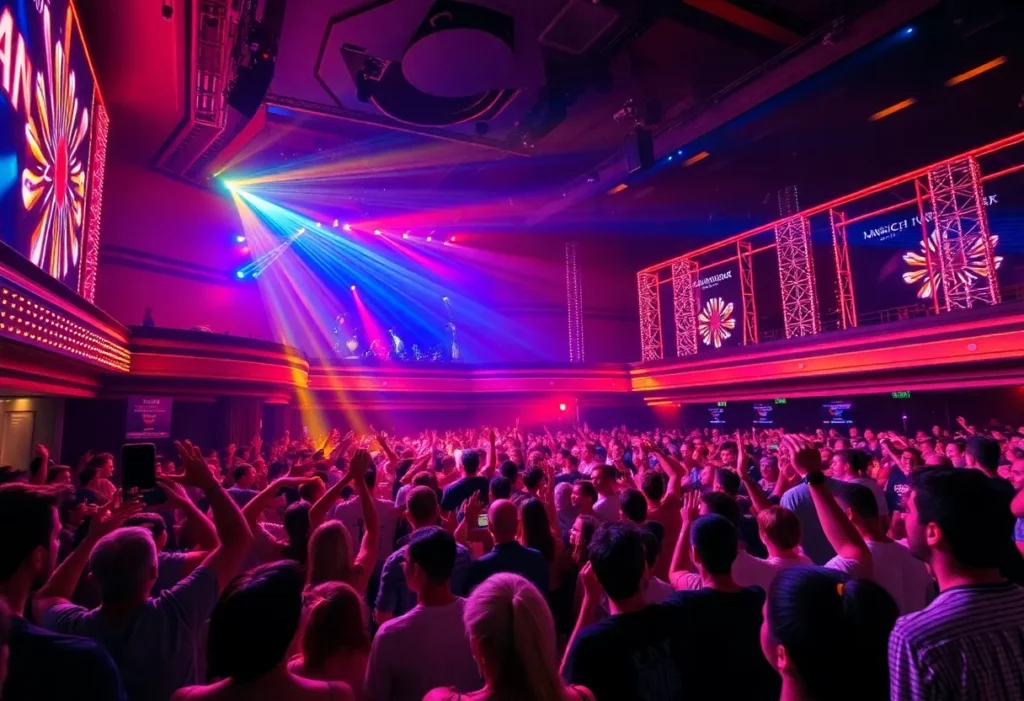 A lively concert scene with audience and stage lights.