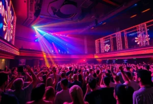 A lively concert scene with audience and stage lights.