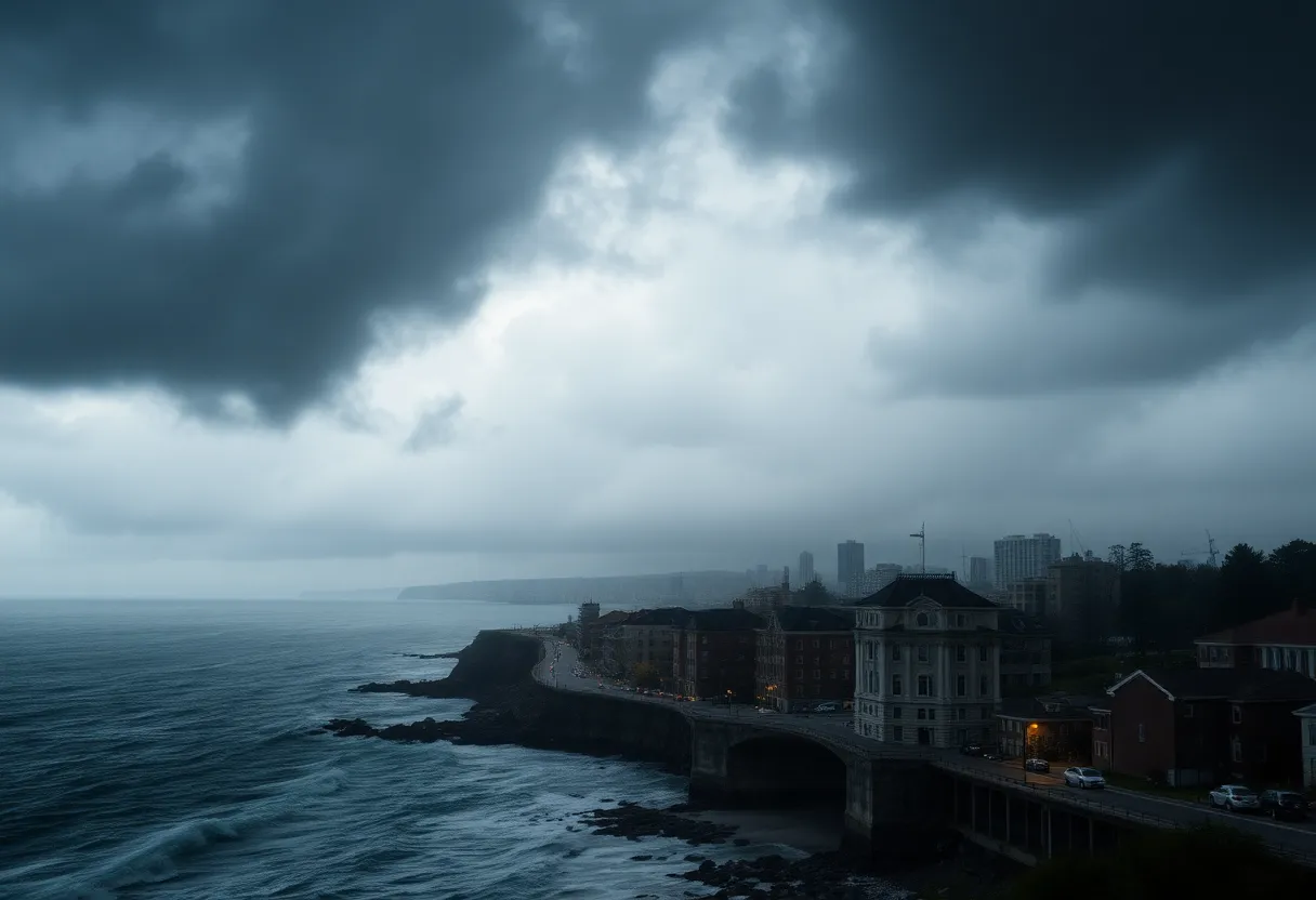 Storm clouds and rain approaching Boston during a nor'easter