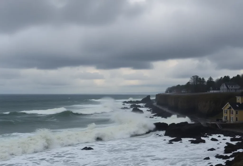 Dark clouds over New England coast indicating a nor'easter approaching