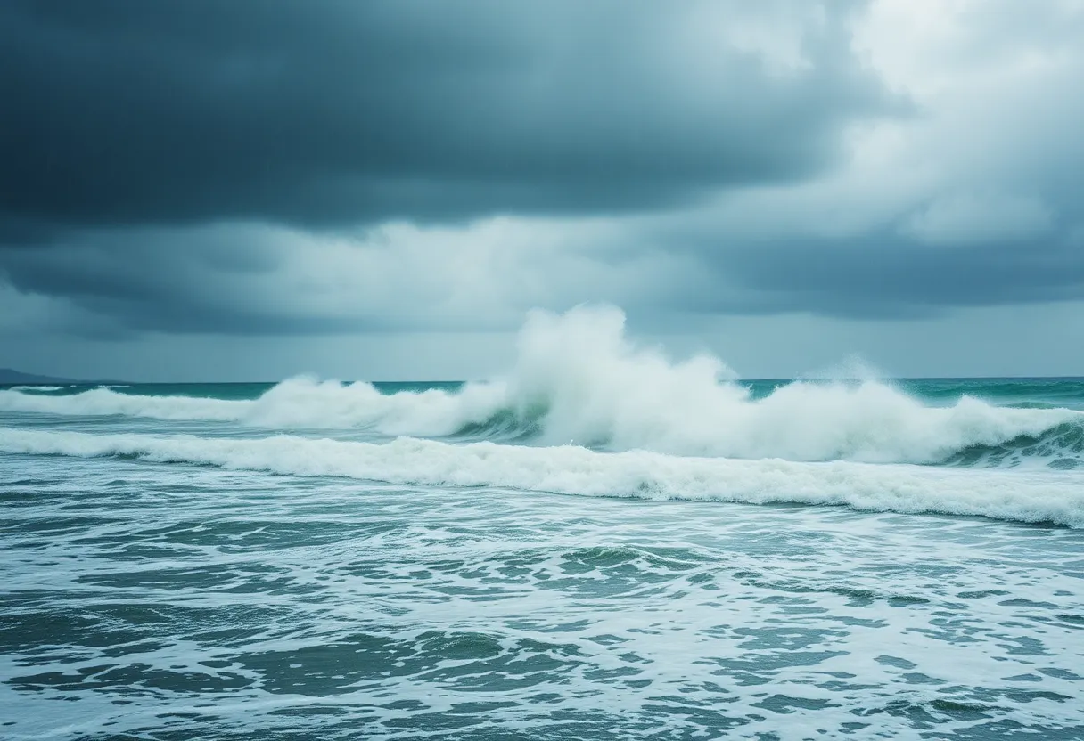 A stormy coastal view in Massachusetts during a nor'easter.