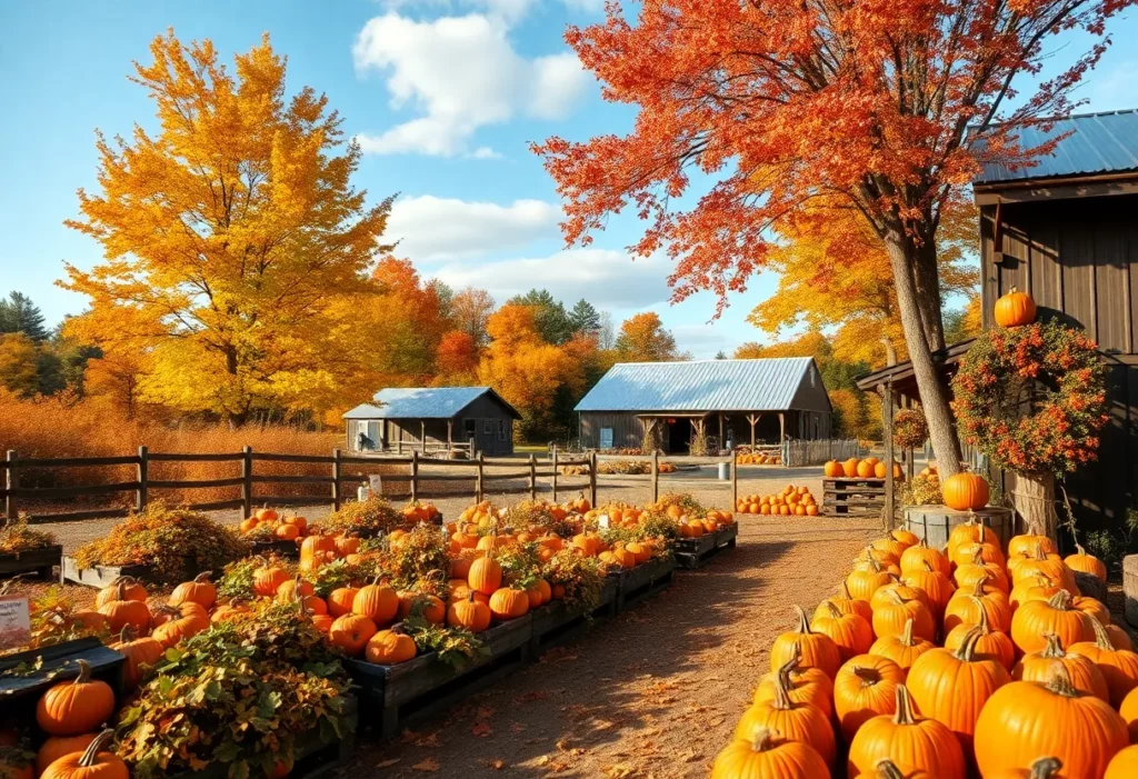 Fall scene with pumpkins and autumn foliage