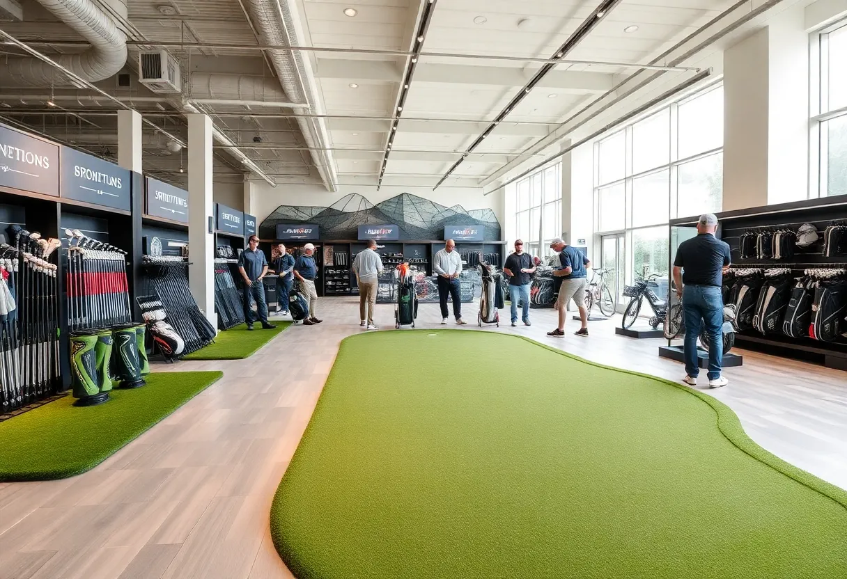 Interior view of PGA Tour Superstore with golf equipment and putting green