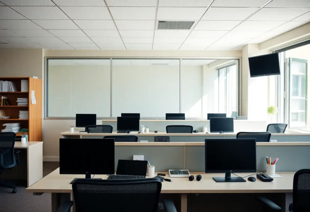 Empty desks in a healthcare office reflecting job cuts