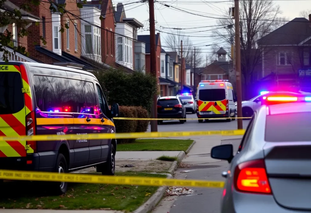 Police and emergency vehicles at a shooting scene in Roxbury, Boston